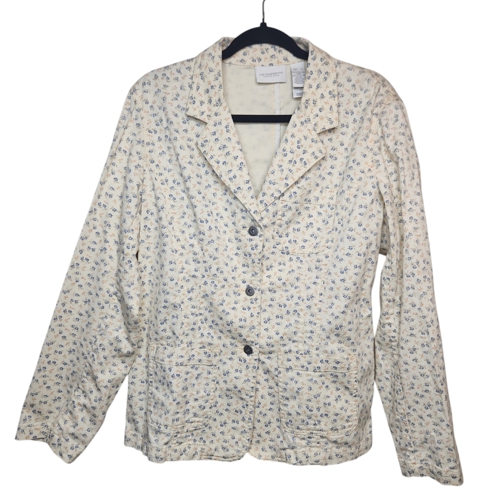 Vintage Liz Claiborne LizWearJeans Women's Cream Cotton DitsyFloral Blazer SizeL